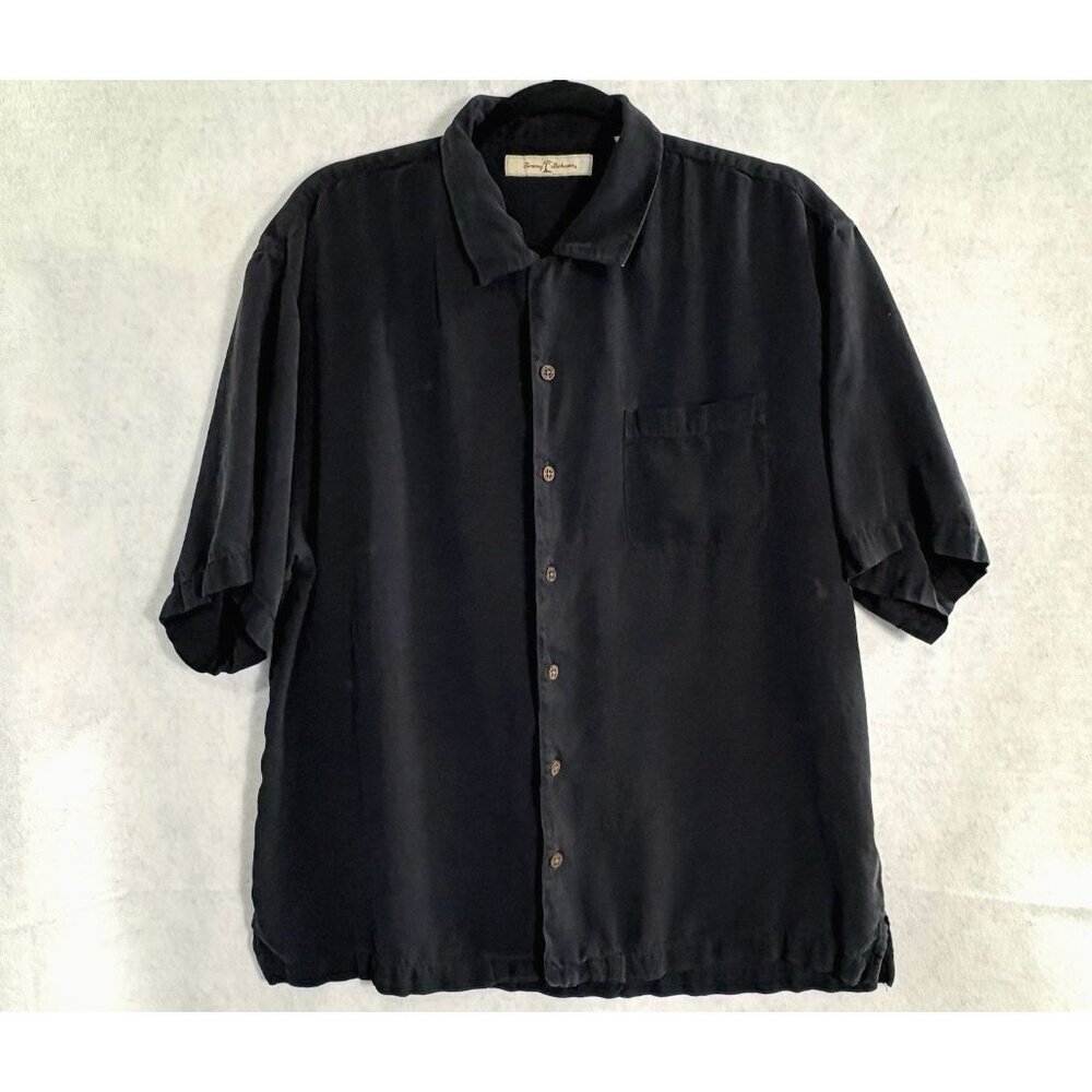 TOMMY BAHAMA Men Silk Button Front Short Sleeve Shirt Sz L Black Vacation 14-14